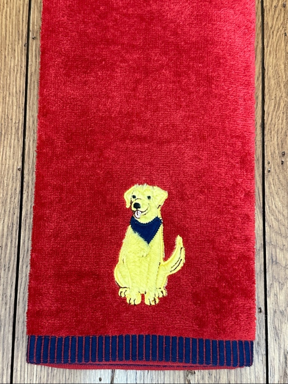 Dog Embroidered Red Hand Towel wth Yellow Labrador Motif